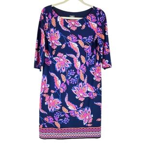 Vince Camuto Floral Print Lined Shift Dress Contrast Banded Hemline Sz L